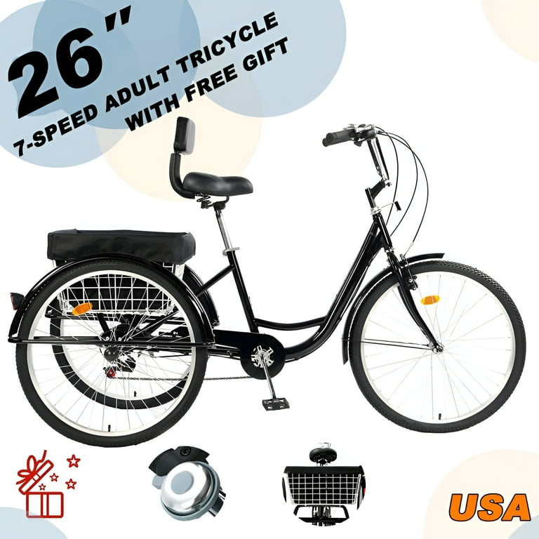 JSTUOKE 26-Inch 3-Wheel Adult Bicycle Tricycle, 7-speed
