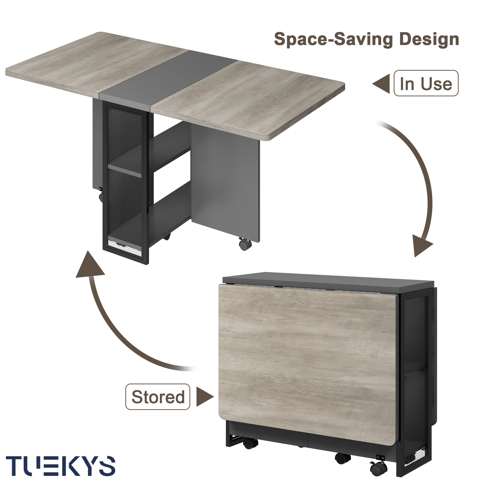 Tuekys Folding Dining Table Drop Leaf Kitchen Table with 2 Storage Racks-Perfect for Small Spaces Multifunction Space Saving Table Extension Dinner Table Kitchen Office Desk Gray