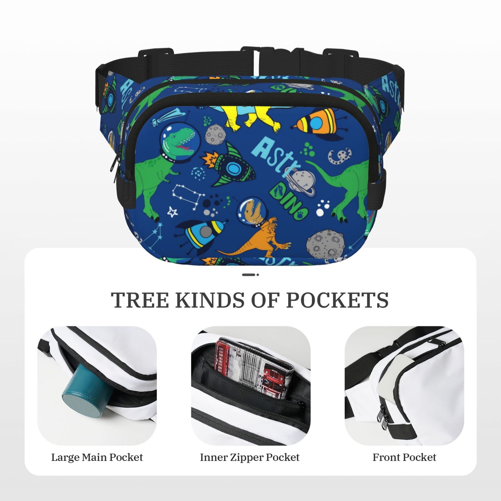 Fuzoiu Dinosaur In Space Print Unisex Square Double Layer Waist Bag,Crossbody Fanny Pack Travel Workout Accessory