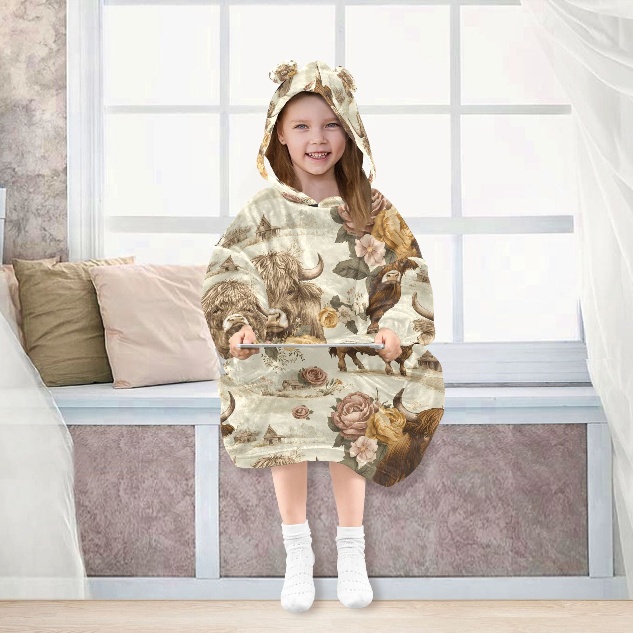joogoo Blanket Hoodie for Highland Cattle Flower-w1 Oversize Sweatshirt 3-14 YR L