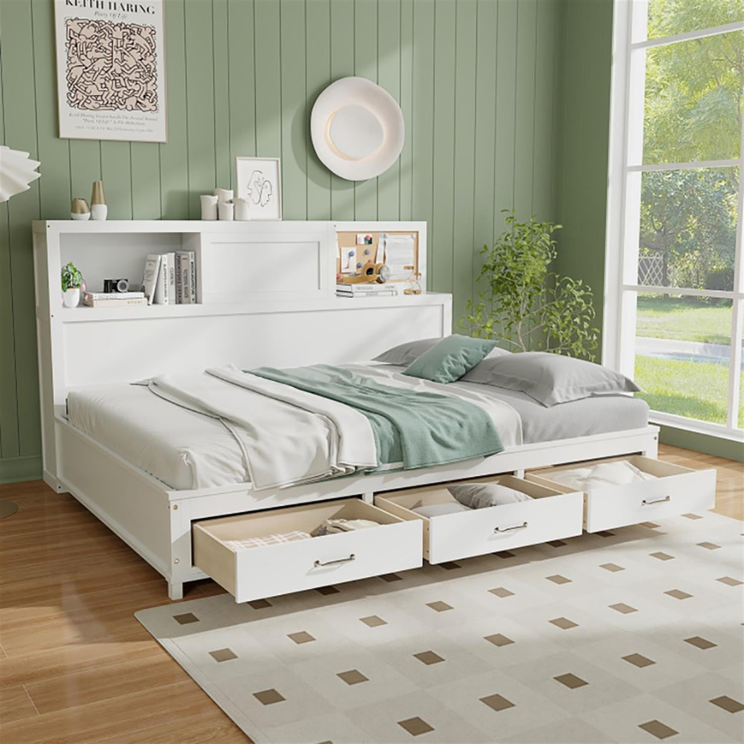 Demi Bonn Twin Size Wooden Daybed with 3 Drawers with Storage Shelves, Modern Wooden Bed Frame for Teens, White