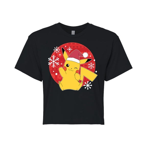 Pokémon - Pikachu Santa Hat Ugly Sweater - Juniors Cropped Cotton Blend T-Shirt