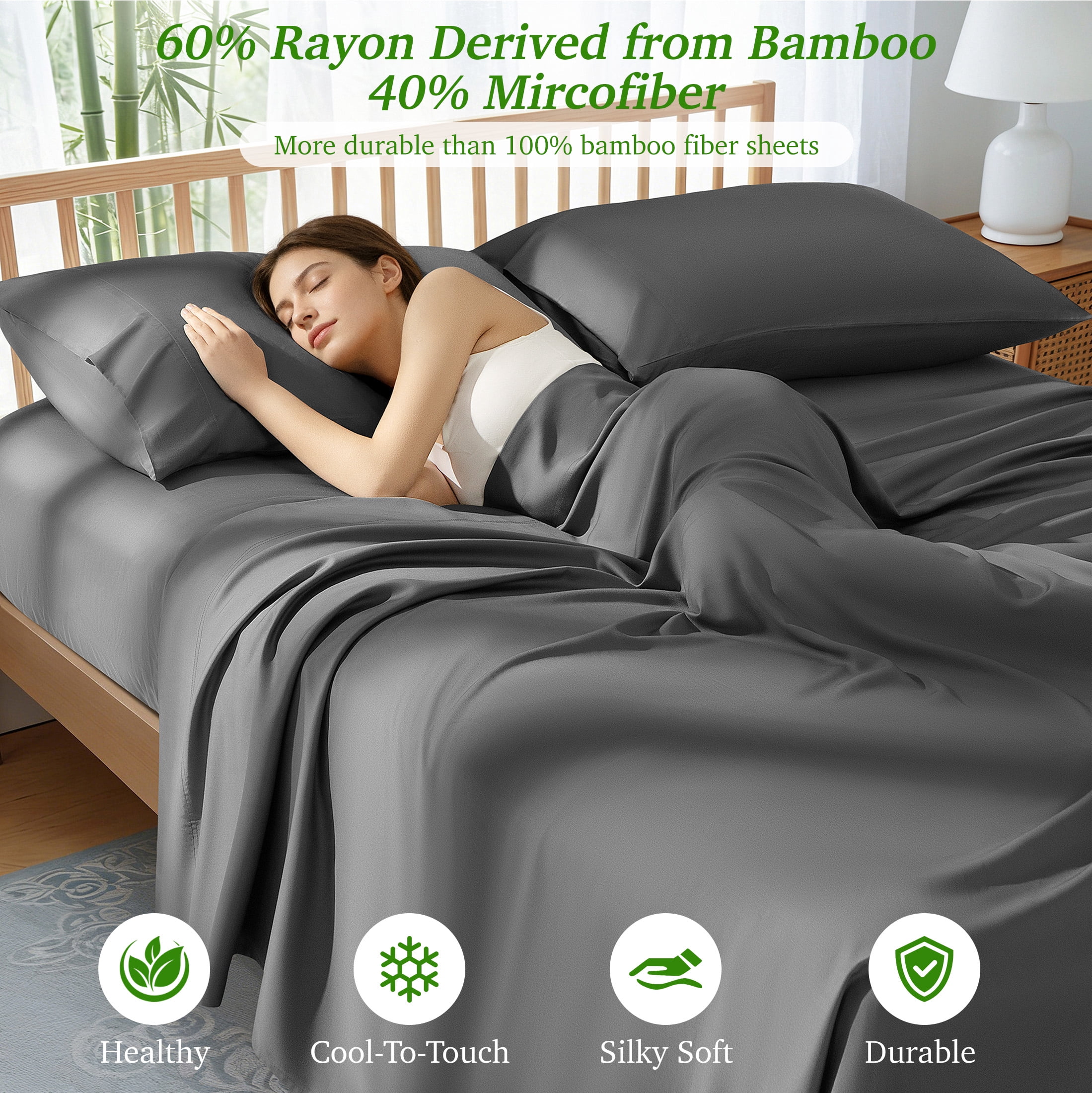 AiAngu Bamboo Full Sheet Set, Luxury Soft 4 Pieces Bed Sheets with 18" Deep Pocket, Dark Gray