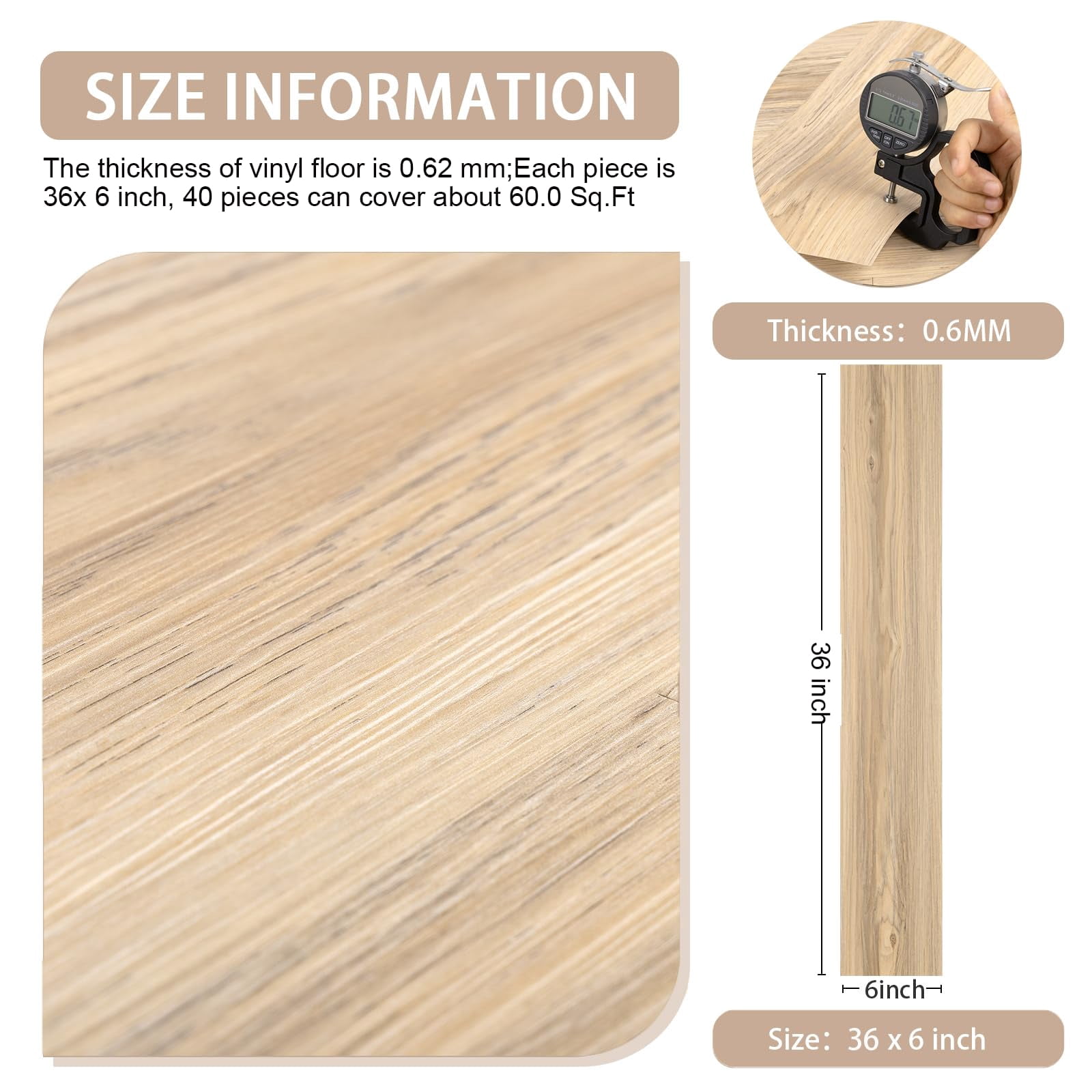 Peel And Stick Floor Tile  40 60.0 Sq.ft Flooring Waterproof Easy To Clean Wood Grain Look Vinyl Self Adhesive & Removable For Bathroom Kitchen
