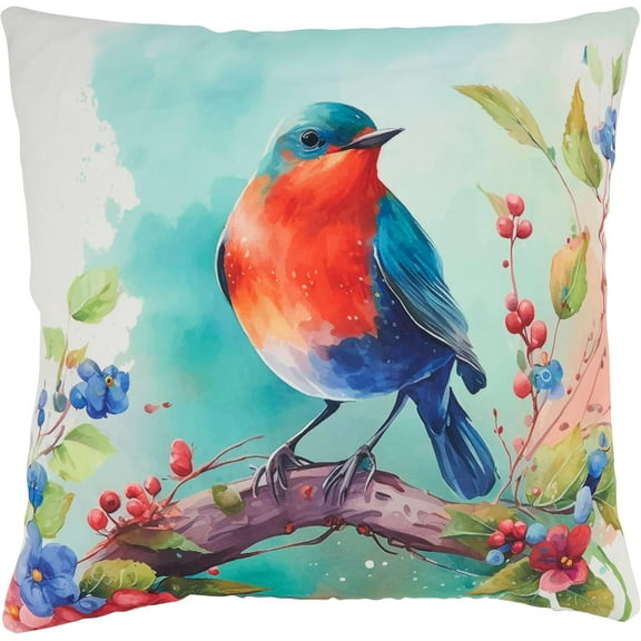 Charming Perched Bird Outdoor Pillow with Poly Fill