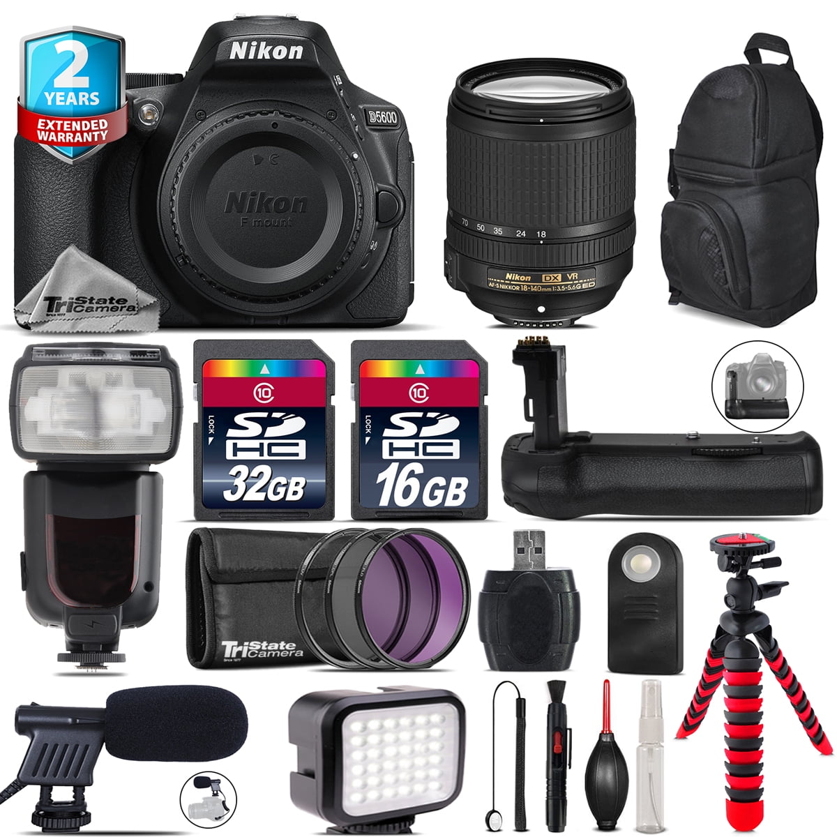 Nikon D5600 DSLR + AFS 18140mm VR + Professinal Flash + Battery Grip