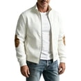 thumbnail image 2 of SGFCWSX Men's Bomber Jacket Knit Stand Collar Contrast Elbow Patch Full Zip Casual Coat with Pockets White Size XL, 2 of 8