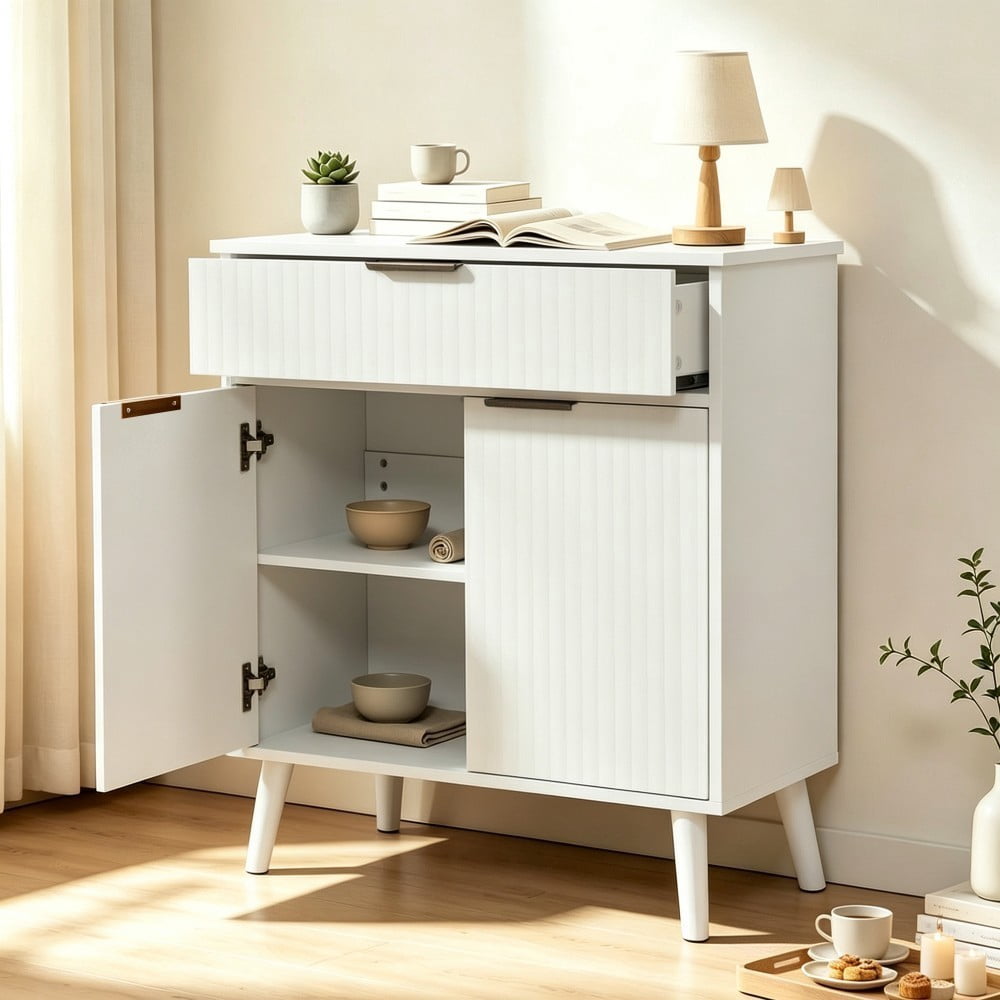 Kitchen Storage Cabinet, Buffet Cabinet with 2 Doors & Drawer, Adjustable Shelves, Wood Sideboard with Solid Wood Legs, White