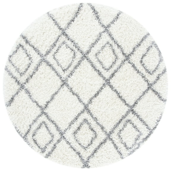 SAFAVIEH Moroccan Tassel Shag Comhgham Geometric Area Rug, Ivory/Light Grey, 6'7" x 6'7" Round