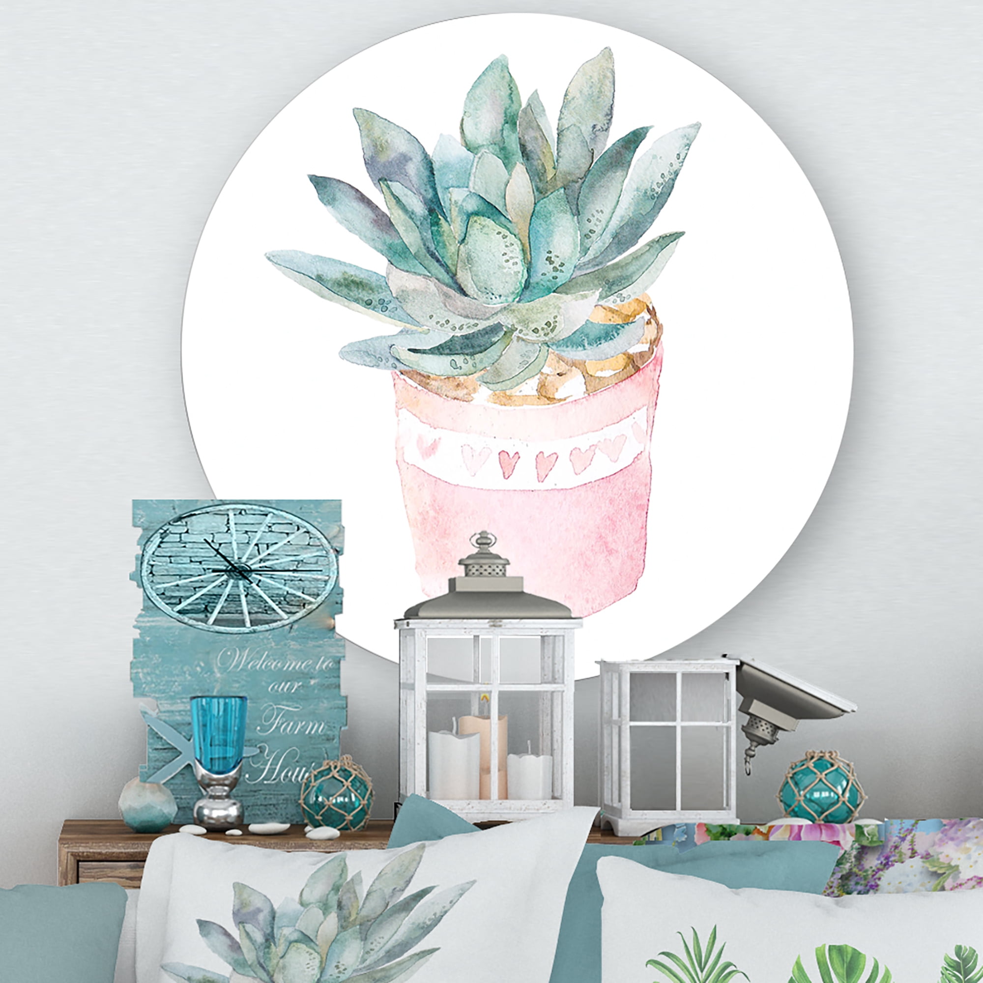 Designart 'Succulent and Cactus House Plants II' Farmhouse Circle Metal Wall Art 11x11 - Disc of 11