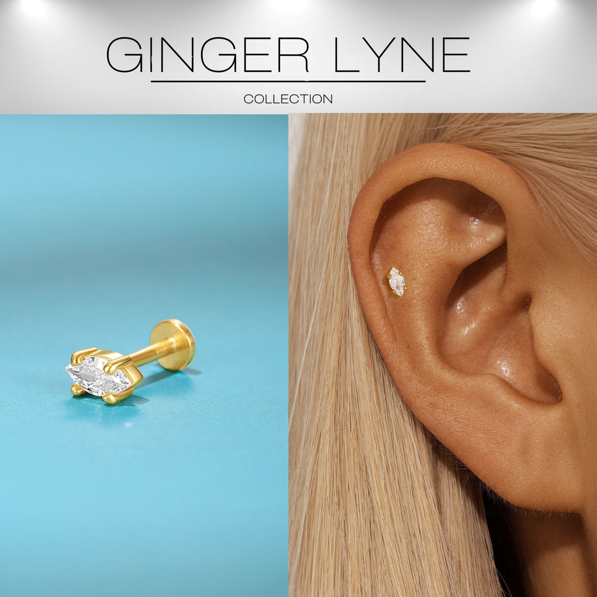 Marquise CZ Flat Back Earrings for Cartilage Helix Tragus Lobe 14Kt Gold Plated Sterling Silver 1 pair by Ginger Lyne