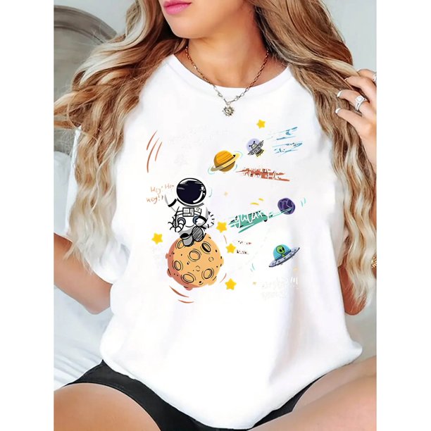 Women's Space Explorer Graphic Tee - Astronaut & Planets Design, Casual Crew Neck Short Sleeve T-Shirt, Soft Cotton Blend, Comfortable Summer Top for Casual Attire