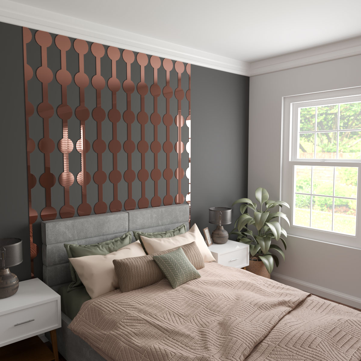 Ekena Millwork 47"H x 1/8"T Pomeroy Adjustable Acrylic Decorative Slat Wall Panel Kit, Rose Gold Mirror (contains 12 Slats)