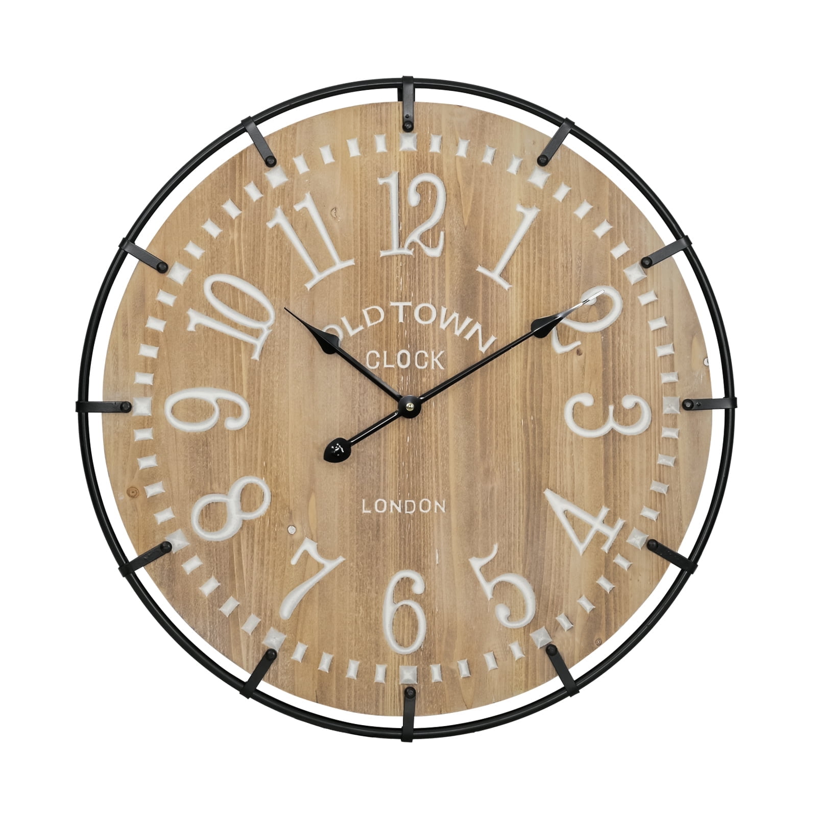 EMAX HOME 24 Whitewashed Wood Farmhouse Arabic Numeral Silent Wall Clock, Iron Frame