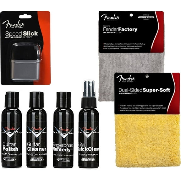 Fender Guitar Super Care Kit Bundle with Custom Shop Deluxe Guitar Care System 4 Pack, Speed Stick String Cleaner, Super-Soft Dual-Sided Microfiber Cloth, and Fender Factory Microfiber Cloth