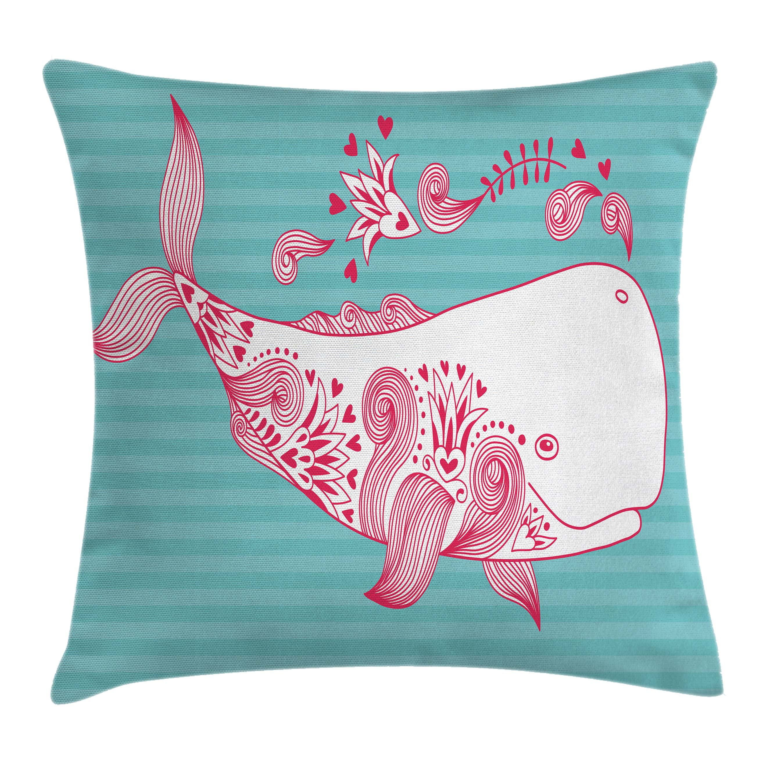 Whale Throw Pillow Cushion Cover, Cute Big Fish Swimming and Floral Marine Animal Mammal