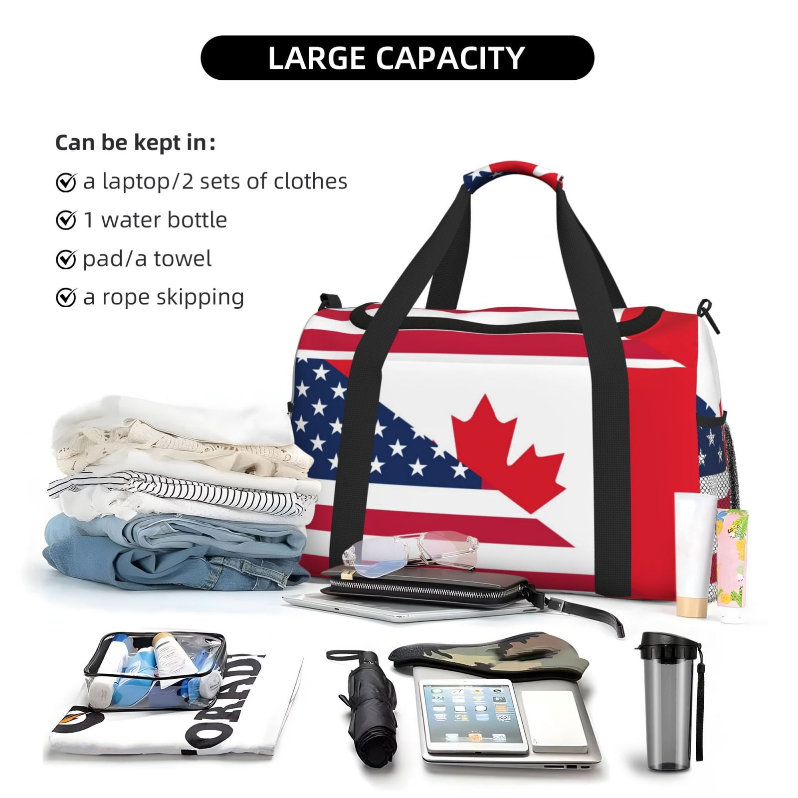 Fuzoiu USA Canada Flag Print Travel Duffle Bag,Carry On Tote Bags,Duffel Bag,Sport Gym Bag, Hospital Bag for Labor and Delivery, Overnight Bag,Luggage Bag