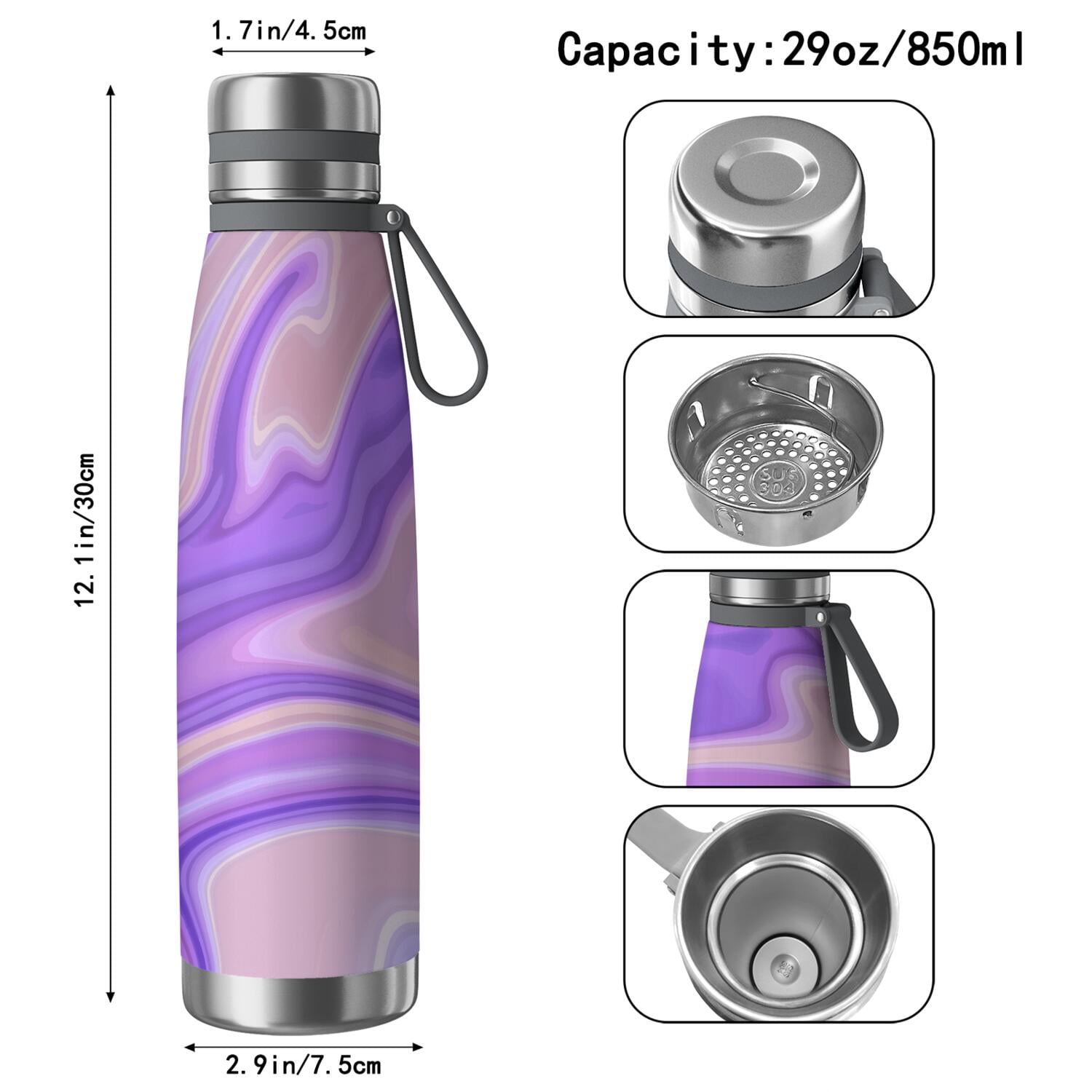 29oz Insulated Water Bottle with Tea Infuser, Stainless Steel Travel Mug, Liquid & Marble Print