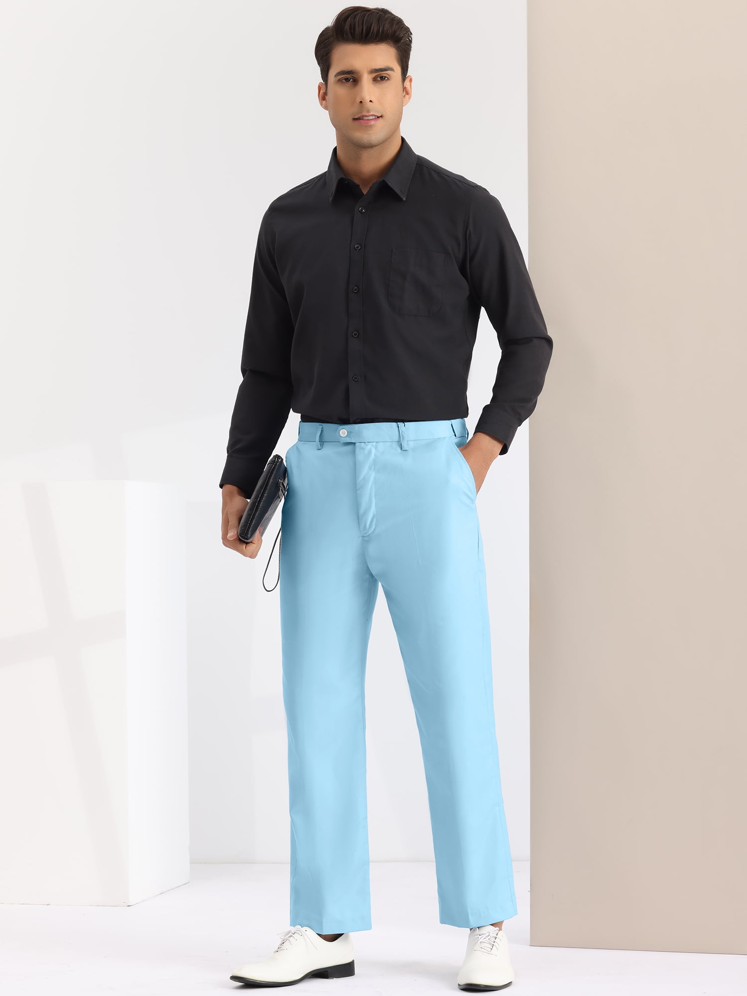 Unique Bargains Men's Dress Pants Slim Fit Flat Front Chino Business Wedding Suit Pants 28 Light Blue