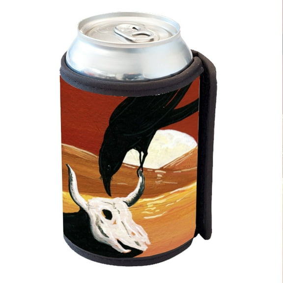 KuzmarK Insulated Drink Can Cooler Hugger - Raven & Cow Skull with Full Moon Surrealism Art by Denise Every