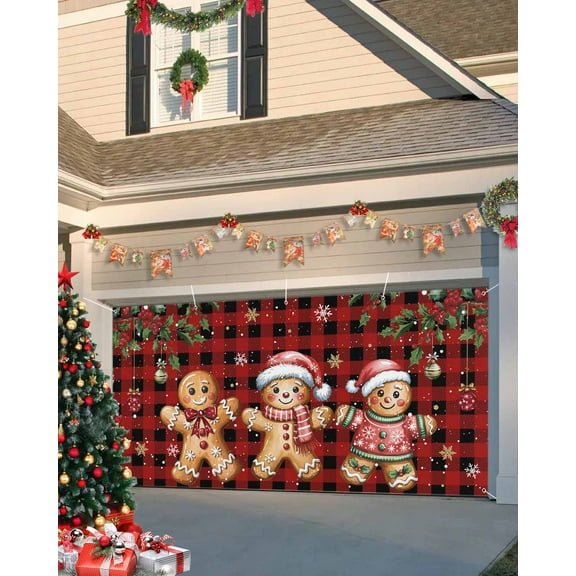 Fsddascl 7 x 16 Ft Christmas Garage Door Cover, Red Plaid Christmas Gingerbread Large Garage Door Banner, Xmas Balls Snowflake Hanging Garage Mural Background for Indoor Outdoor Xmas Party Supplies