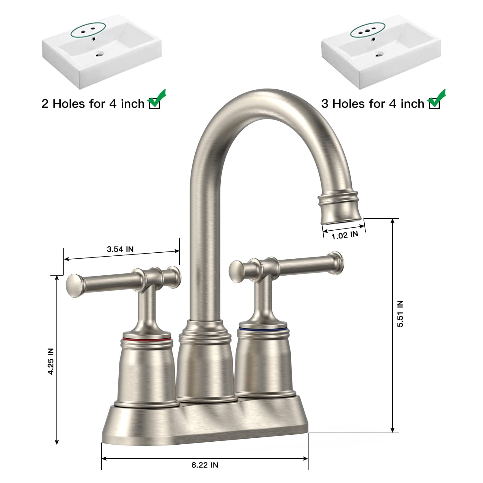4 Inch Classical Brushed Bathroom Faucets for Sink 2&3 Holes with Pop-up Drain Stopper 2 Handle Bathroom Sink Faucet for Cold and Hot Water