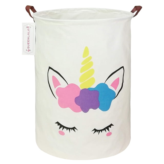 QUEENLALA Cesta de almacenamiento grande, cesta para la colada/baño/decoración del hogar/contenedor de almacenamiento redondo plegable, cesta/cajas/ropa para niños y niñas (unicornio dorado)