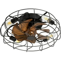19" Modern Caged Ceiling Fans with Lights Remote Control, 7 Reversible Blades, DC Motor, Low Profile Flush Mount Enclosed Ceiling Fan,  Bladeless Ceiling Fan for Bedroom, Black