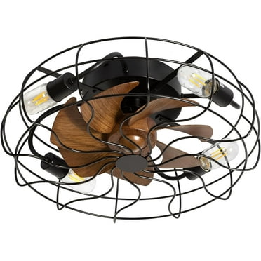 19" Modern Caged Ceiling Fans with Lights Remote Control, 7 Reversible Blades, DC Motor, Low Profile Flush Mount Enclosed Ceiling Fan,  Bladeless Ceiling Fan for Bedroom, Black