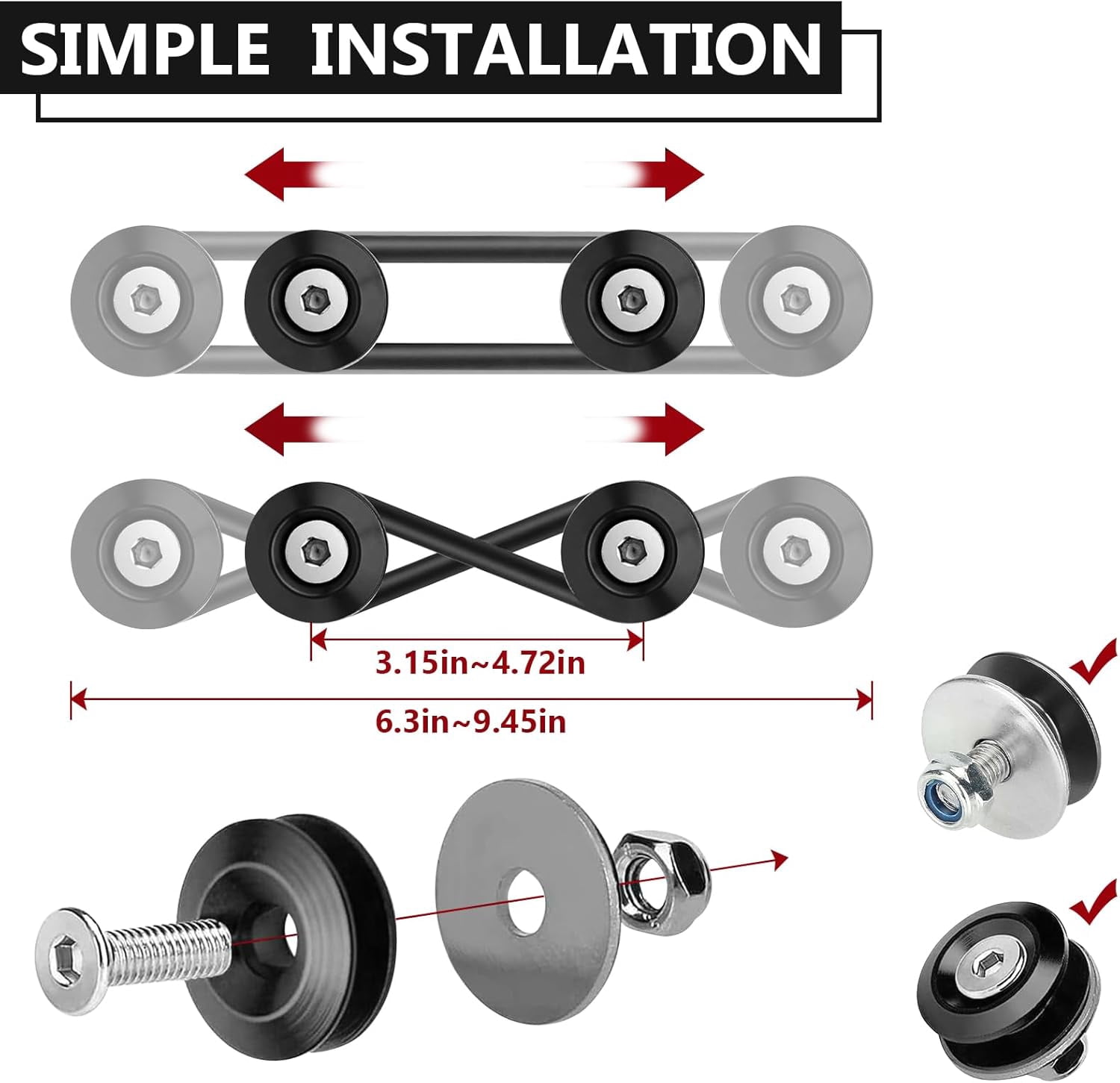 Rongsi Universal Bumper Clips, Front Rear Bumper Quick Release Kit, Bumper Holders for Cars (4 Black Bumper Quick Release Tabs and 12 Customized O-Rings)