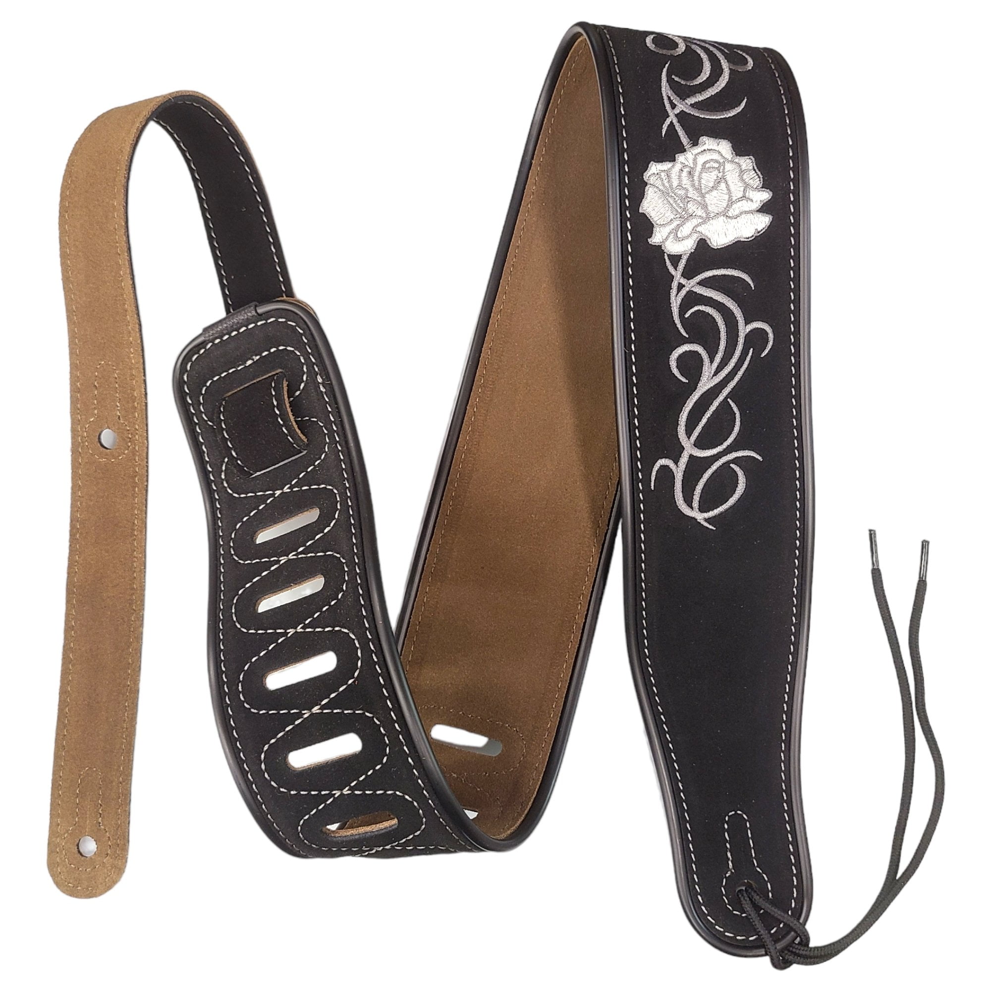 Leather Strap Acoustic Electric Guitar Bass Black Brown Notes Wide Thick Padded Black Suede Flower