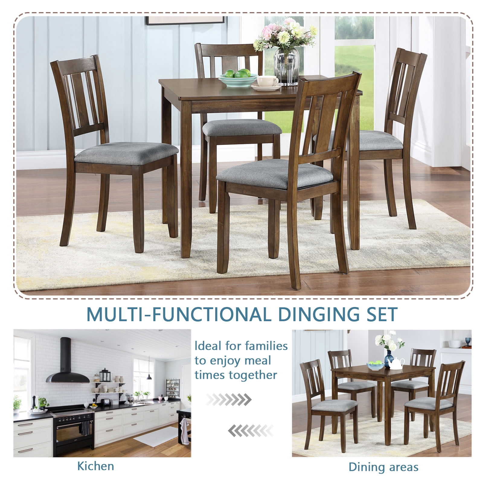 MAYEERTY 5-Piece Wooden Dining Table and Chairs Set for 4 with Water-Oil Resistant Tabletop & Space-Saving for Kitchen Dining Room Apartment, Walnut