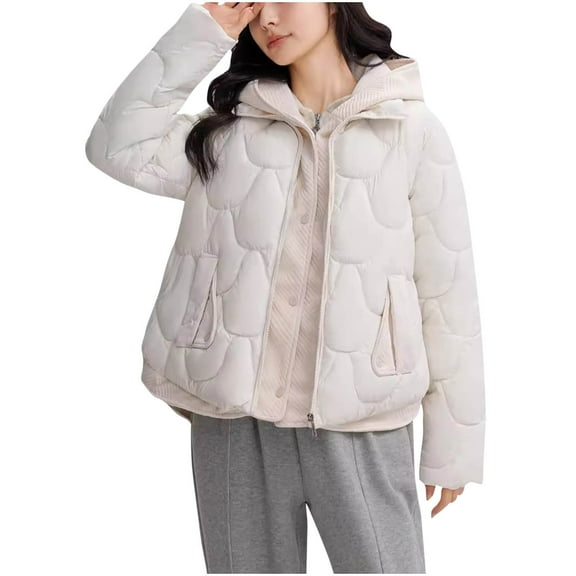 ZRGHAOYLQ Cotton Padded Quilted Jacket Coat Women Solid Color Puffer Jackets with Detchable Hood Winter Warm Coats Long Sleeve Zip Up Hoodie