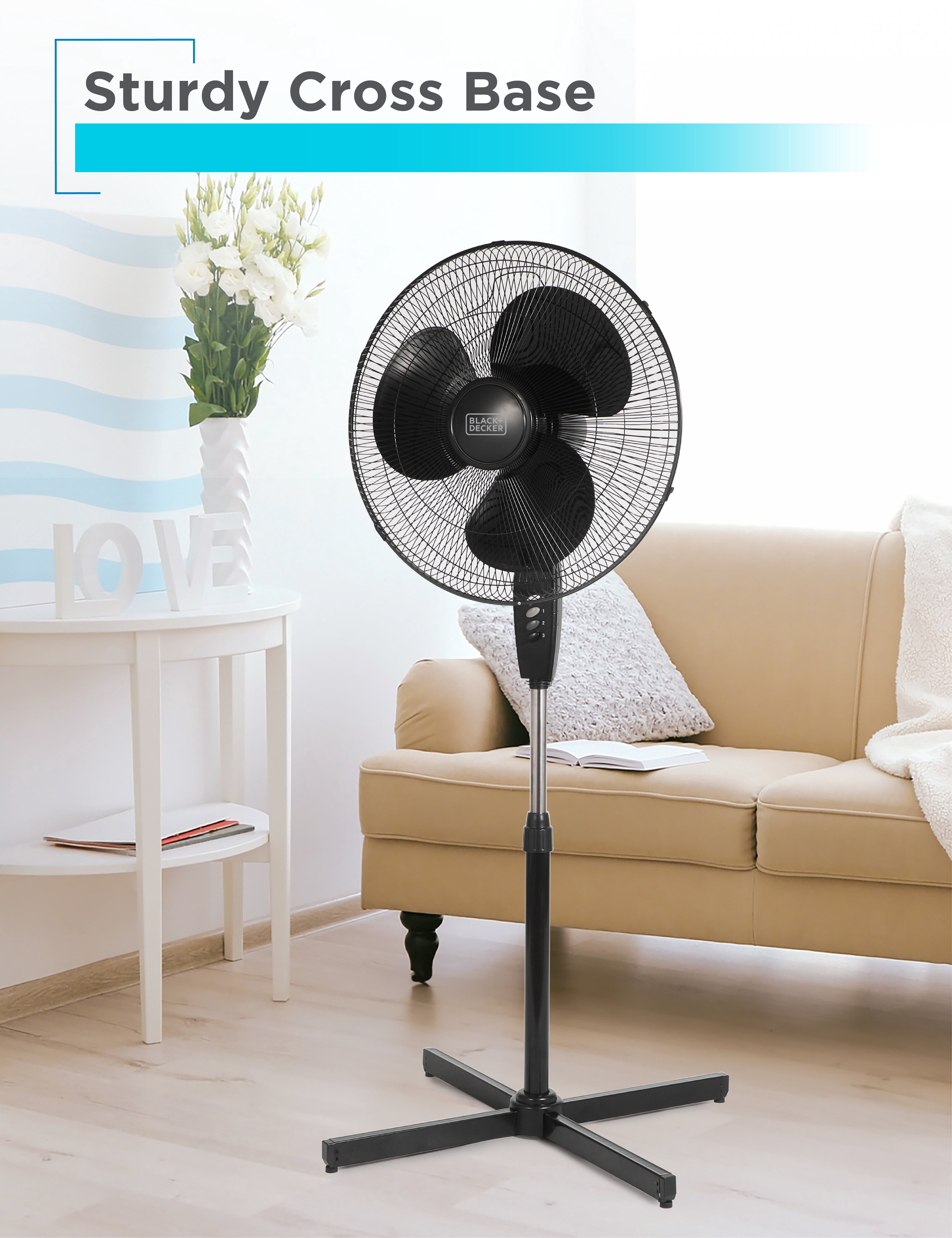 BLACK+DECKER 18-Inch Pedestal Fan, BFP18SXB, Oscillating Fan for Home and Office, Standing Fan with 3 Speed Settings, Height Adjustable with Adjustable Head Tilt, Black