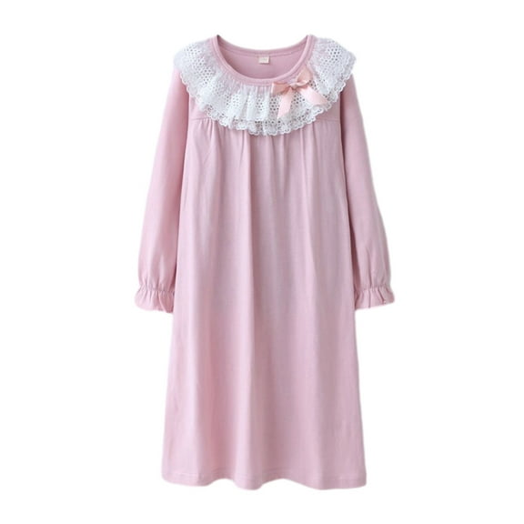 Usaibhir Girl's Nightgowns Lace Bow Tie Sleepwear Lightweight Nightdress Soft Princess Pajamas Dress Long Sleeves with Ruffled 3-16T