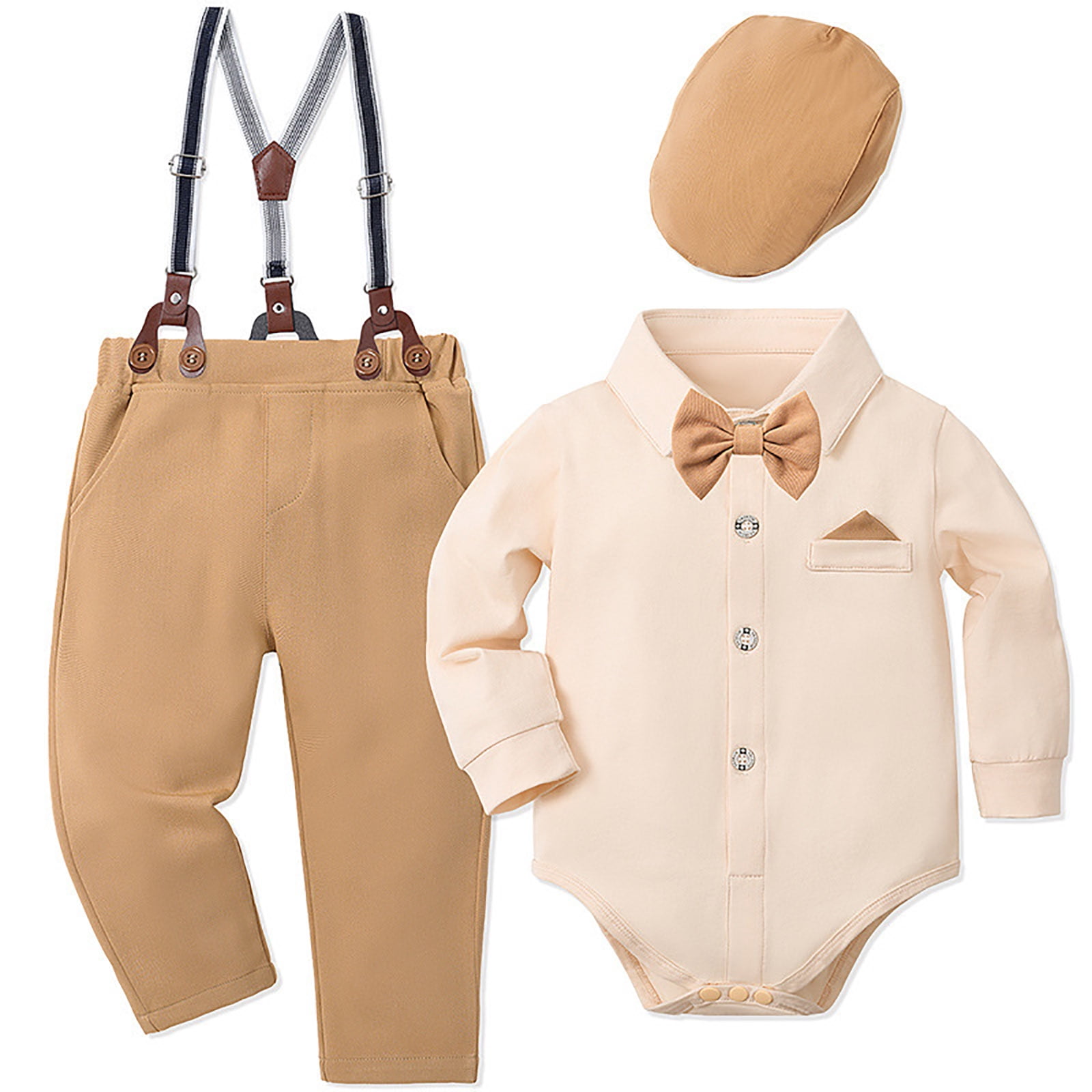 Ketyyh-chn99 Baptism Gifts for Boys Baby Boy Clothes Gentleman Outfit Shirt+Bowtie+Suspender Pant Baby boy Suit Clothing Set Size for 6-12 Months,Khaki