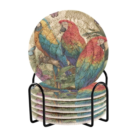 6 Pcs Drink Coasters with Holder 3.94in Woven Coasters for Drinks Colorful Beautiful Parrots Coaster Set for Protection Table