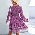 thumbnail image 4 of V Neck Long Puff Sleeve Dress Women Fashionable Elegant Stretch Shirred Floral Print Dress for Beach Party Purple M, 4 of 6