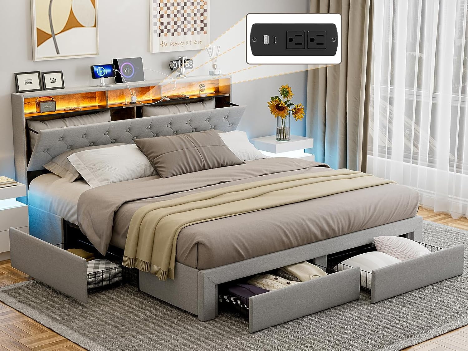 IKIFLY California King Bed Frames with Charging Station & Storage Headboard, Upholstered Linen