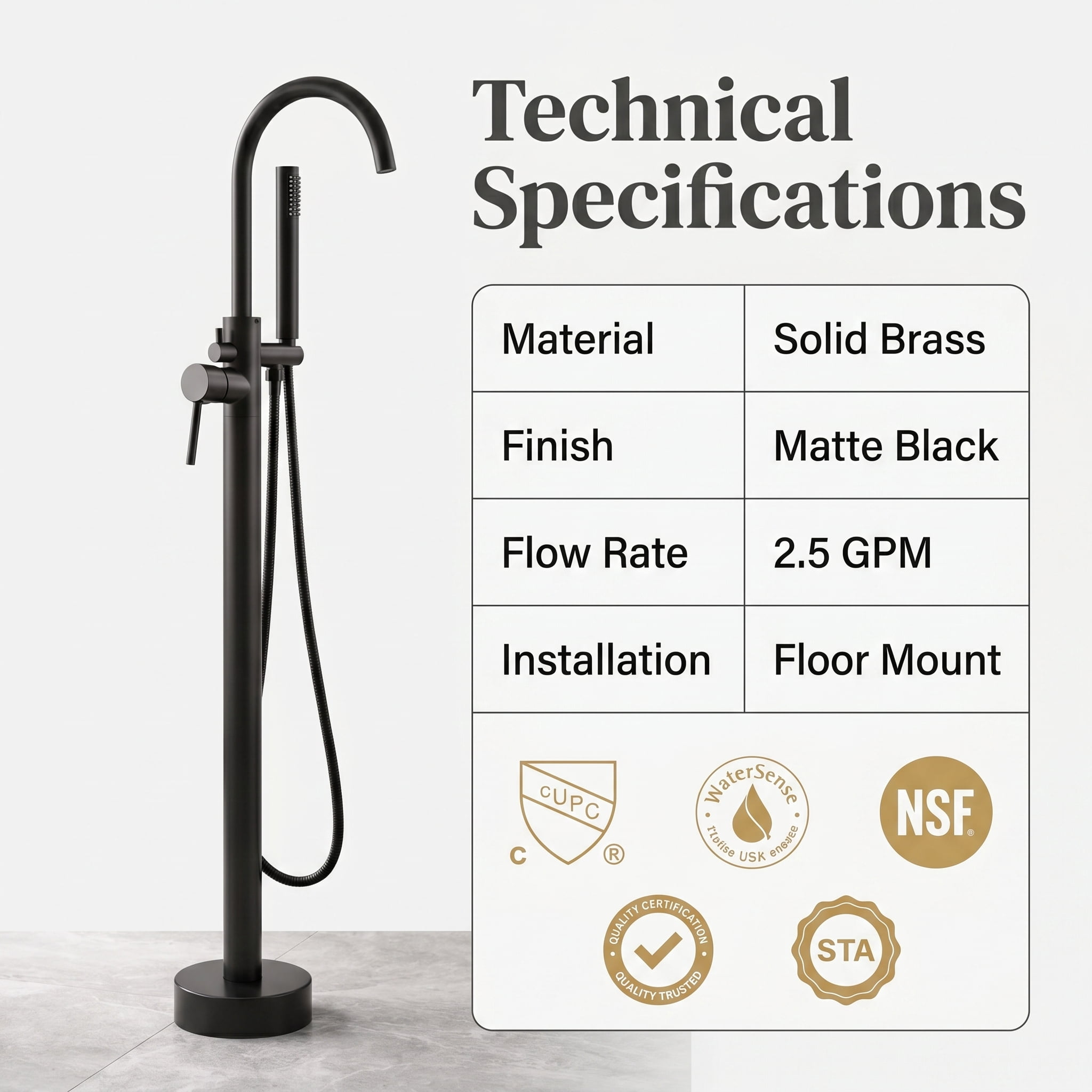 ROOMISLAND Floor Mount Bathtub Faucet Freestanding Tub Filler Standing High Flow Shower Faucets Shower Mixer Taps, with Handheld Shower, Matte Black