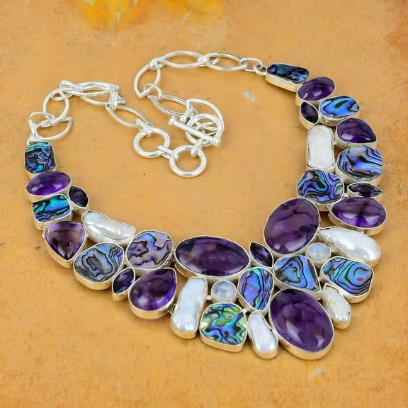 Abalone Shell, Moonstone, Pearl & Amethyst Necklace – Natural Gemstones in Handmade 925 Sterling Silver Jewelry