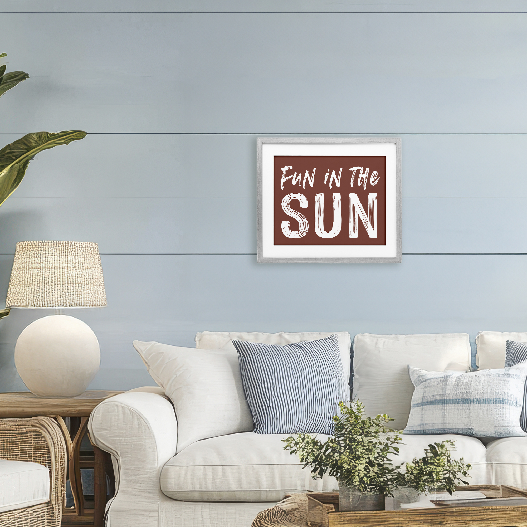 Fun In Sun Brown Sentiment Gray Framed Print Under Glass, design by Lettered and Lined