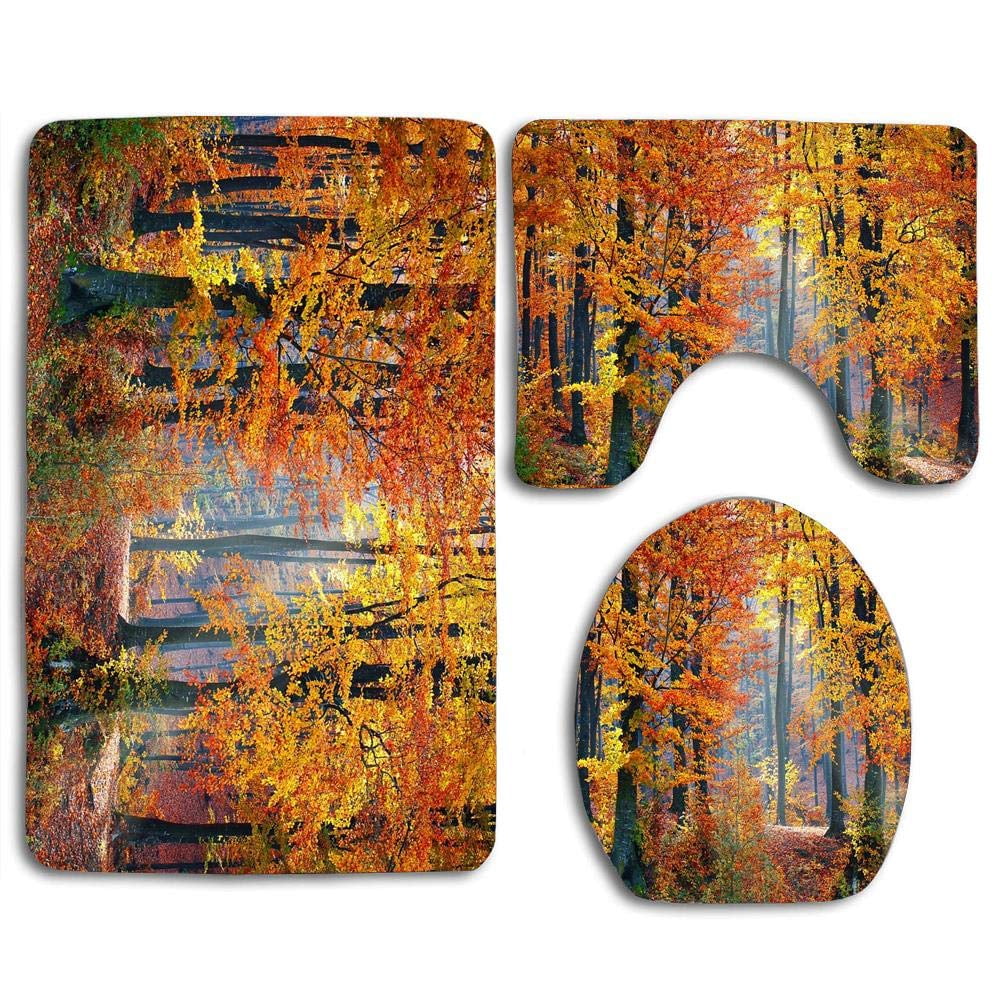 PUDMAD Red Maple Leaf Autumn Fall 3 Piece Bathroom Rugs Set Bath Rug