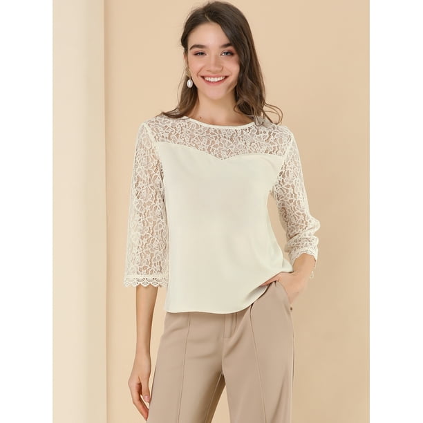 Blusa Panel De Encaje De Malla Semi Transparente Cuello Redondo 3 4 Manga De Campana Top Suelto Para Mujer Beige XS Unique Bargains Blusa Walmart en linea