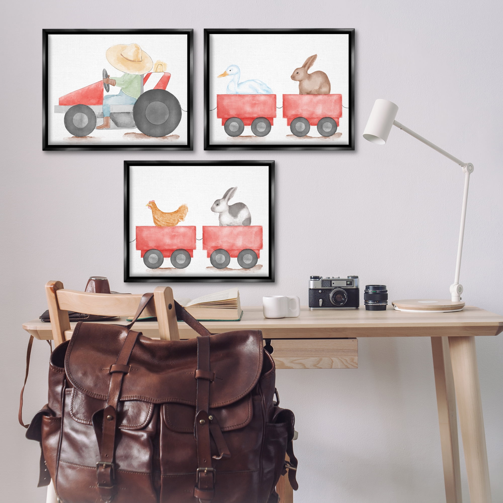 Stupell Industries Farmhouse Tractor Animals Transportation Painting Black Floater Framed Canvas Art Print Wall Art, 21 x 17, Set of 3