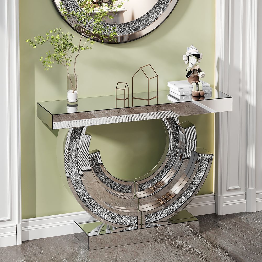 LUMAMIN Mirrored Console Table, Modern Handcrafted 3C Shaped Glass Sofa Table Entryway Table with Crystal Accents for Living Room, Bedroom, and Hallway