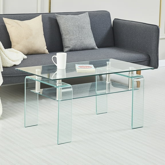 MAYEERTY Rectangle Clear Glass Coffee Table, Modern Glass Coffee Table for Living Room, 2-Tier Storage Center Coffee Table,Tempered Glass Tea Table