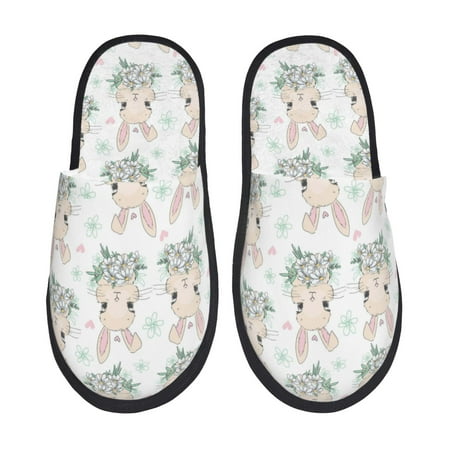 

House Slippers for Women and Men Cute Rabbit White Flower Comfy Fuzzy Bedroom Slippers Furry Home Shoes for Indoor Outdoor