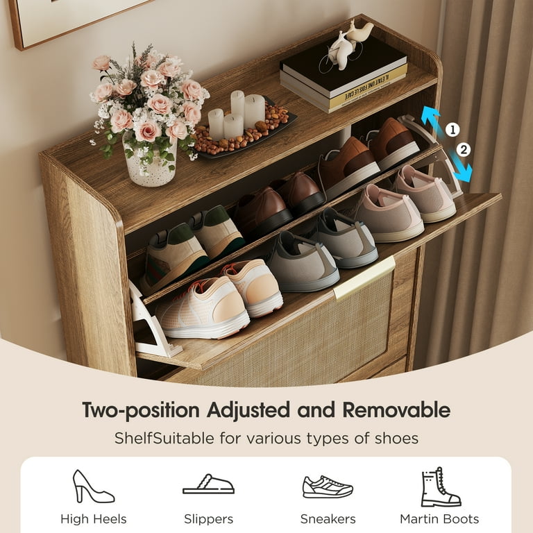 VEANERWOOD Rattan Shoe Storage Cabinet with 3 Flip Drawers,Shoe