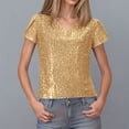 thumbnail image 4 of Laqbezok Women's V Neck Sequin Short Sleeve T-Shirt, Sparkly Linear Shimmer Blouse, Casual Party Fashion Outfit, 4 of 9
